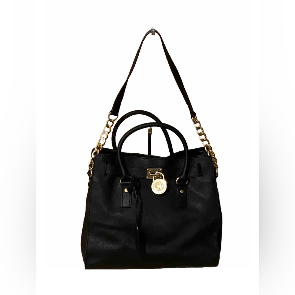 Michael Kors Hamilton Bag Large Black With Gold Accents Saffriano Leather Purse